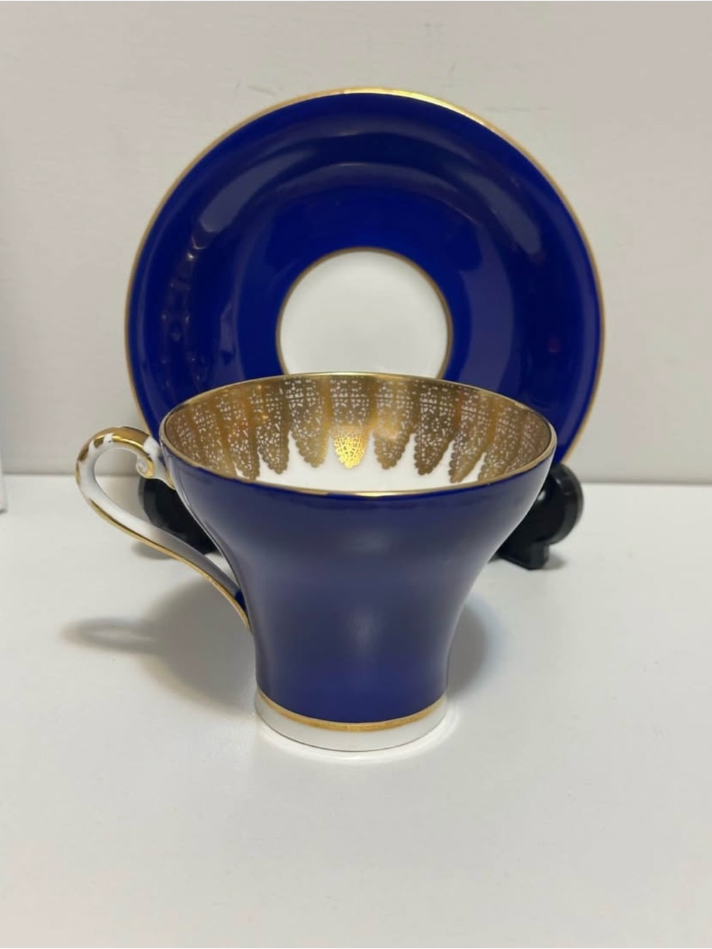 Aynsley Cobalt Blue and Gold Trim Porcelain Tea Cup and Saucer